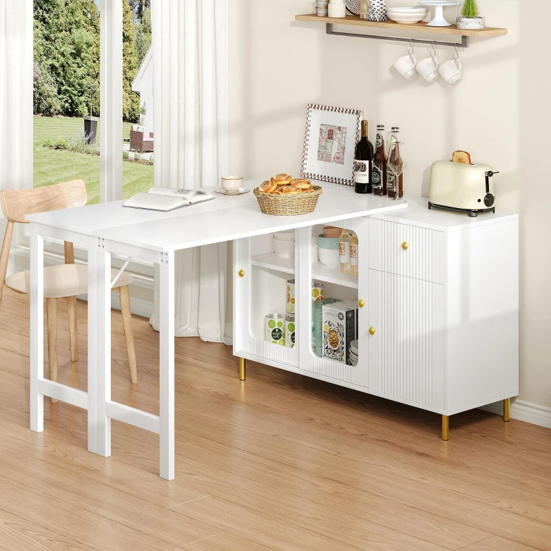Multifunctional Bar Cabinet with Rotating Extendable Tabletop, Space-Saving Sideboard with Sliding Doors, 122L x 40W x 82H cm, White