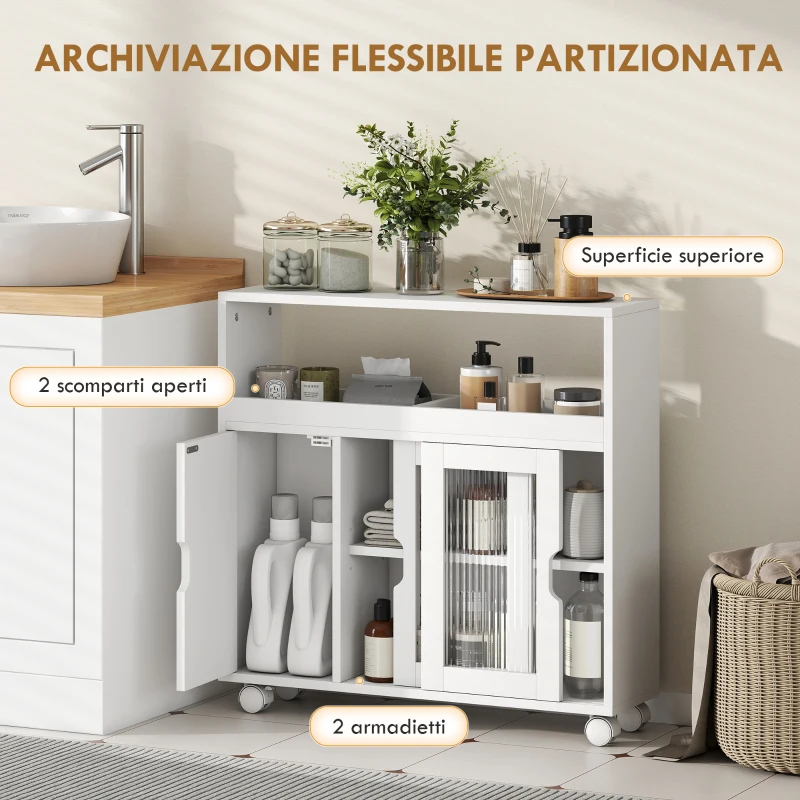 HOMCOM Mobile Bagno con Ruote, Ripiano Regolabile e Anta Scorrevole in Vetro Temperato, Bianco