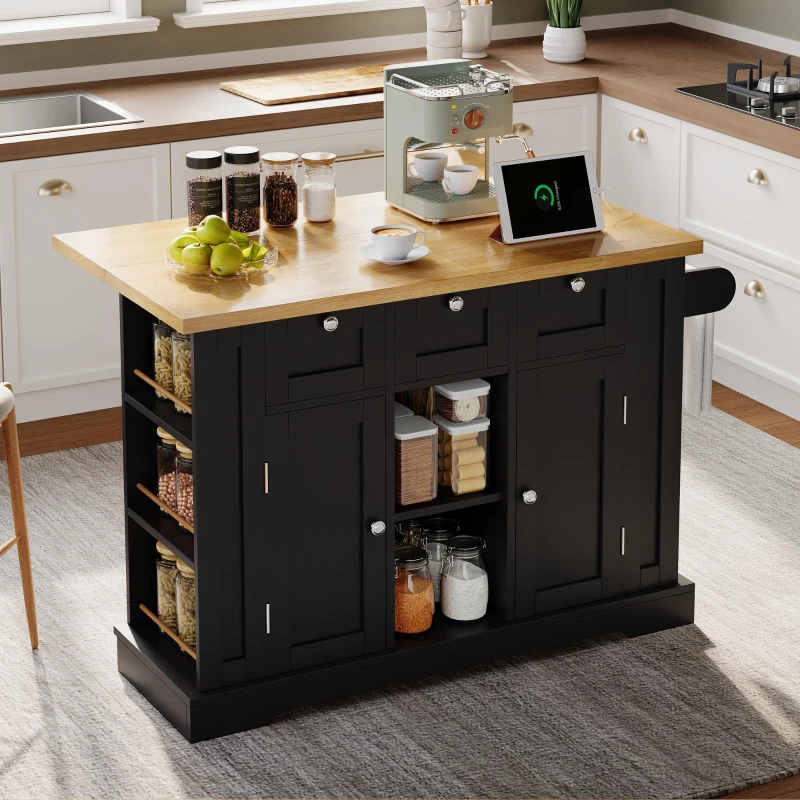 Versatile Kitchen Island with 3 Drawers and 2‑Door Cupboards, Practical Trolley with Extendable Worktop, 132L x 70W x 87H cm, Natural+Black