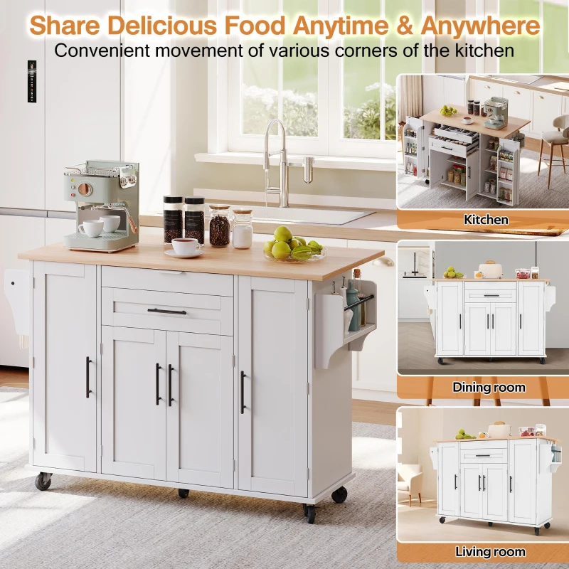 Versatile Kitchen Trolley with Fold-Out Worktop, Spacious Storage Island with Double-Door Cabinets, 136L x 70W x 92H cm, White+Natural
