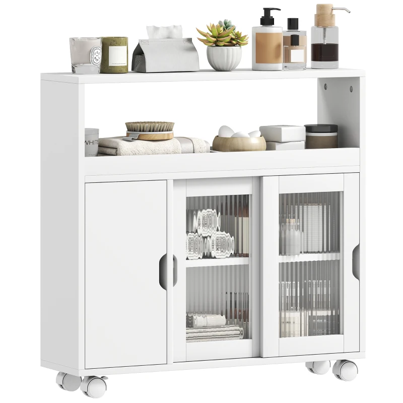 HOMCOM Mobile Bagno con Ruote, Ripiano Regolabile e Anta Scorrevole in Vetro Temperato, Bianco