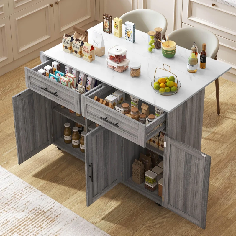 Sleek Kitchen Trolley with 2 Drawers and Foldable Tabletop, Mobile Kitchen Island with Wood Veneer, 129L x 46W x 91.5H cm, Grey+White