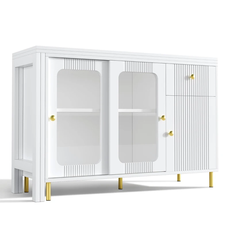 Multifunctional Bar Cabinet with Rotating Extendable Tabletop, Space-Saving Sideboard with Sliding Doors, 122L x 40W x 82H cm, White