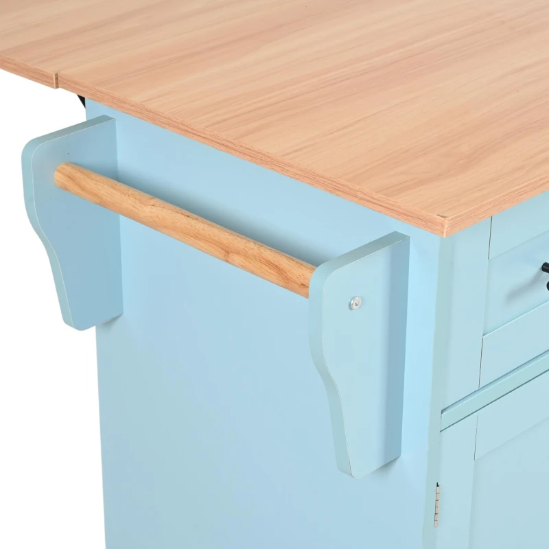 Stylish Kitchen Trolley with Foldable Wood-Grain Countertop, Versatile Buffet with Interchangeable Wheels, 139L x 46W x 91H cm, Blue