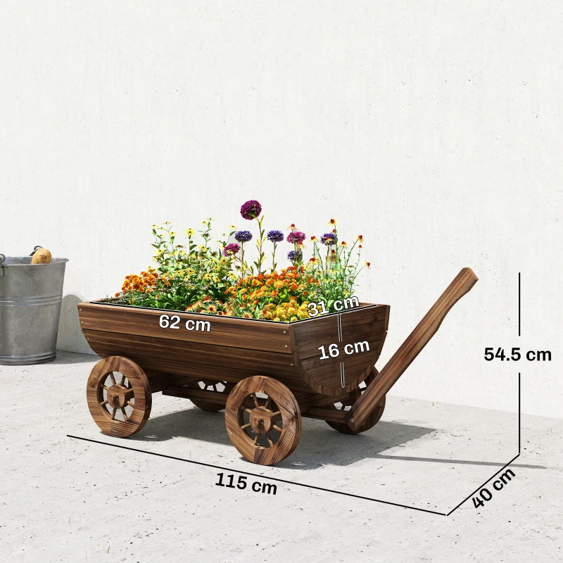 Outsunny Cărucior din lemn cu 4 roți și mâner Jardinieră exterioară cu orificiu de drenaj 115x40x54,5 cm Carbonizat