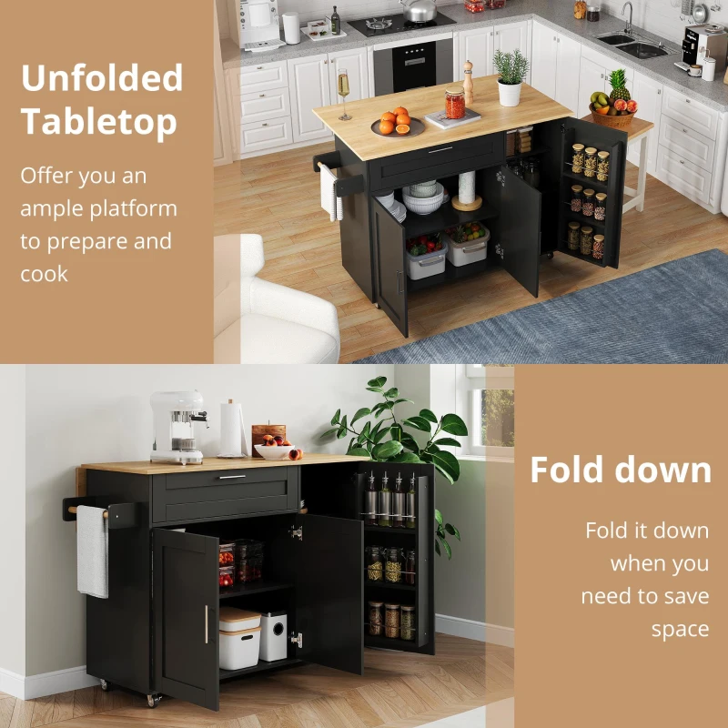 Versatile Kitchen Island with Foldable Worktop and Shelves, Multifunctional Cabinet for Dining Areas, 132.5L x 44W x 90H cm, Black+Natural