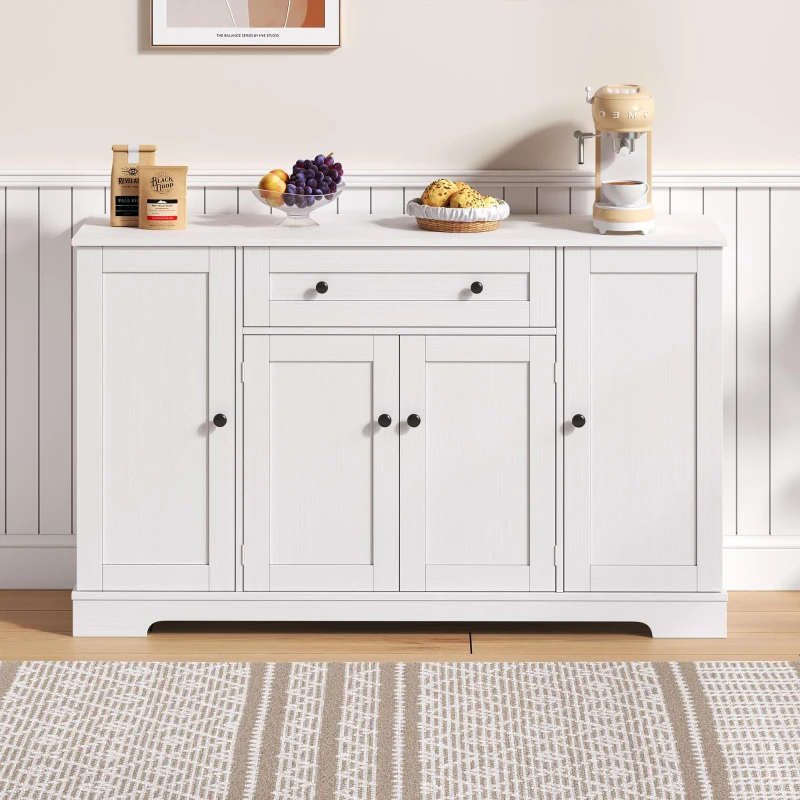Multifunctional Kitchen Sideboard with Double-Door Compartment, Spacious Cabinet with Adjustable Shelves, 138L x 40W x 85H cm, White