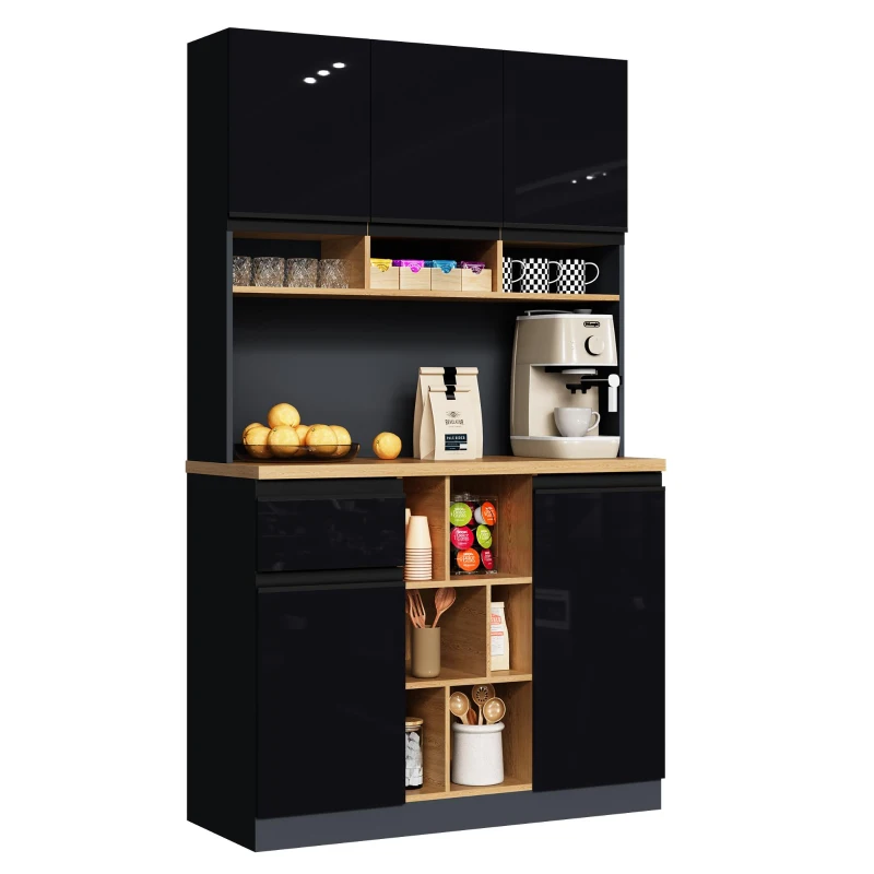 Stylish Kitchen Cabinet with 3 Smooth-Sliding Drawers, Versatile Sideboard with Adjustable Shelves, 105L x 45W x 185H cm, Black+Natural
