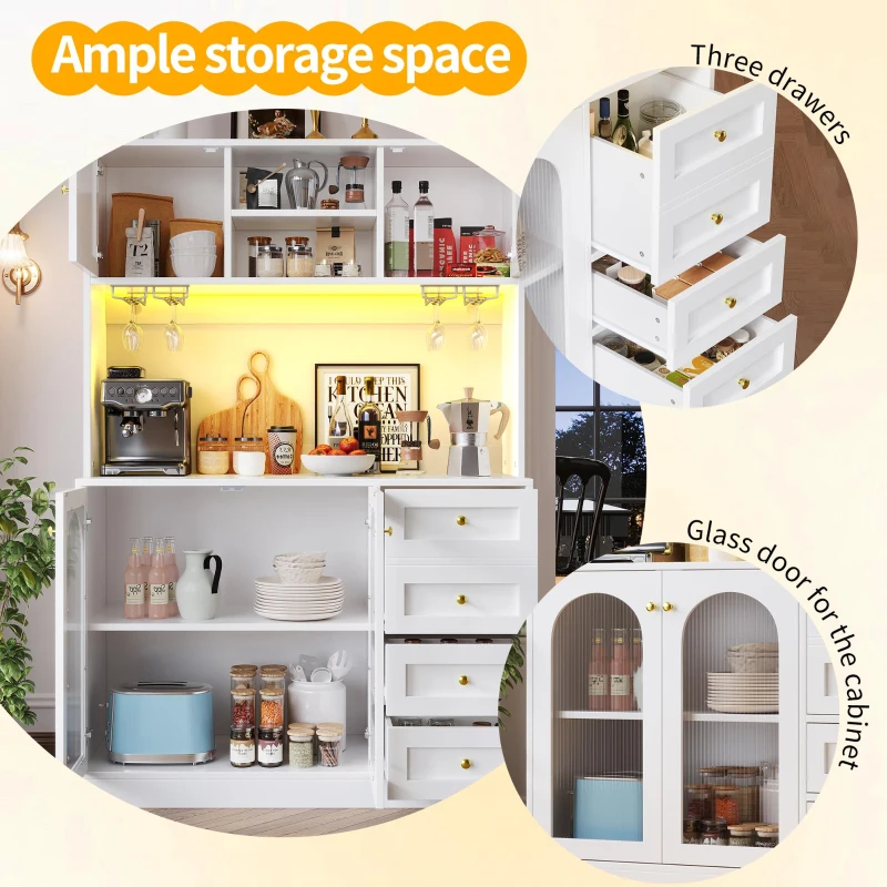 Modern Sideboard with App-Controlled LED, Snack Rack and Drink Holders, Spacious Buffet with Anti-Tip Fixings, 120L x 40W x 188H cm, White