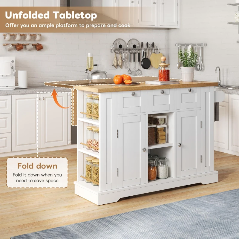 Versatile Kitchen Island with 3 Drawers and 2‑Door Cupboards, Practical Trolley with Extendable Worktop, 132L x 70W x 87H cm, White+Natural