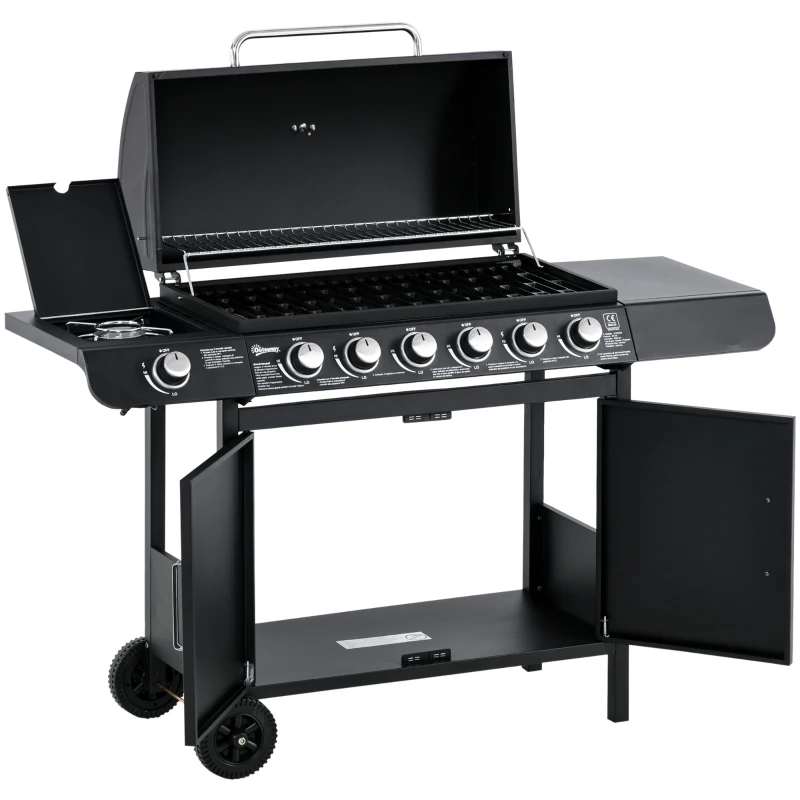 Outsunny Barbecue a Gas con Coperchio, 7 Bruciatori Totali da 20kW e Fornello Laterale, Termometro, Mensola e 2 Ruote, 135x50x100cm Nero