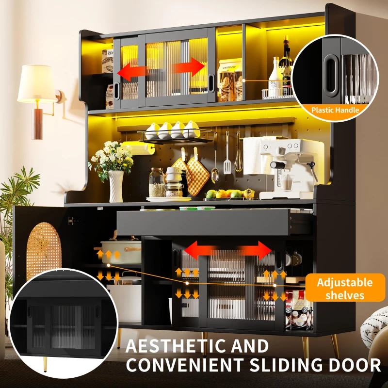 Country-Style Sideboard with Fluted Glass Doors and App-Controlled LED Strip, Storage Buffet with Pegboard Back, 145L x 39W x 171H cm, Black