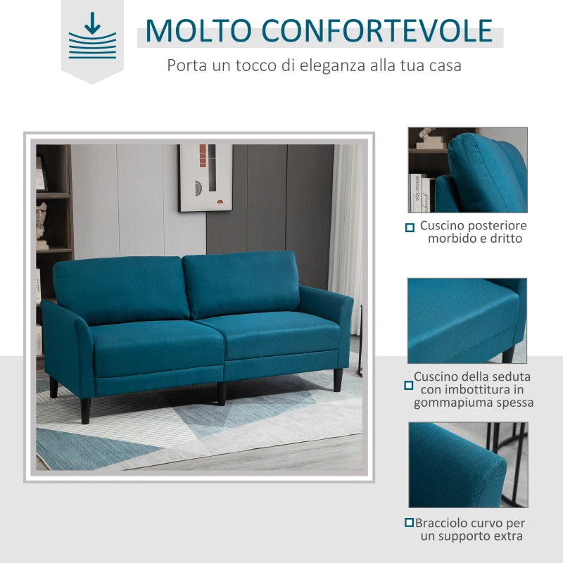 HOMCOM Divano 3 Posti in Tessuto con Seduta Profonda e Imbottitura Spessa, 191x79x87 cm, Blu Pavone