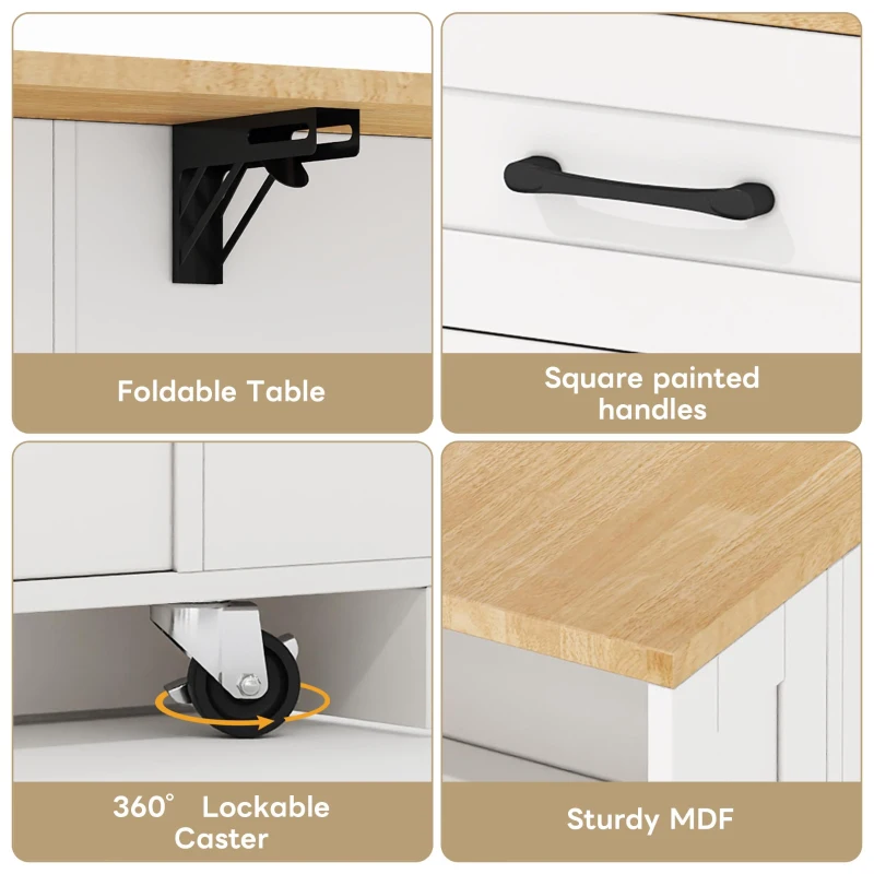 Mobile Kitchen Island with Foldable Tabletop and Sockets, Storage Buffet with Adjustable Shelves, 120L x 65W x 92H cm, White+Natural