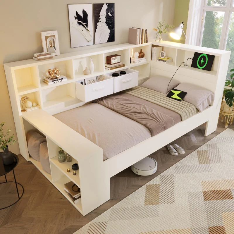 Practical Platform Bed with USB, Type-C Charging Ports and Bookcase, L-Shaped Bed with Triple-Side Storage, 234L x 116W x 90H cm, White