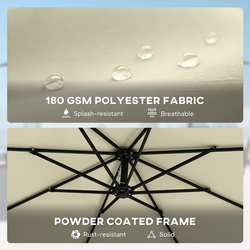 Outsunny 3 m Garden Cantilever Parasol with Cross Base, Sandbag, 360° Rotating Overhanging Banana Umbrella, Beige