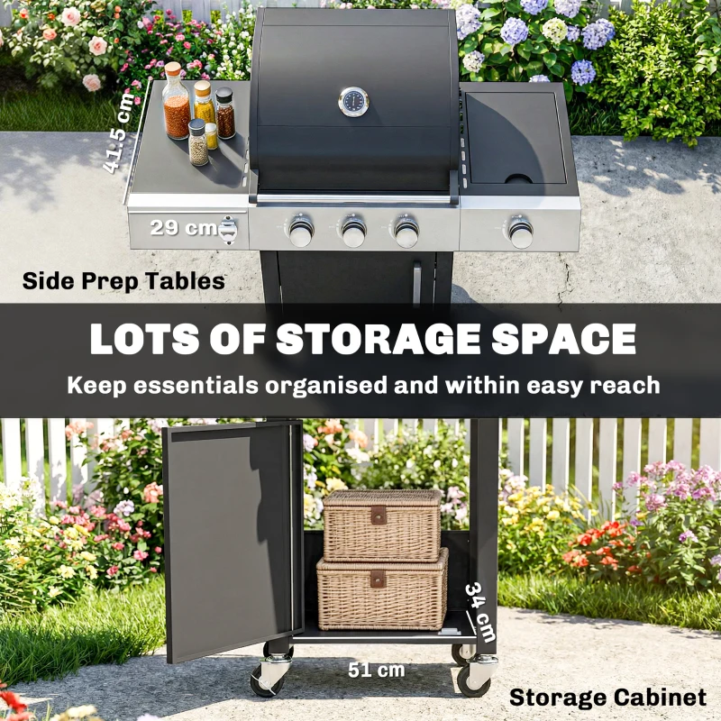Outsunny Gasbarbecue 10,5 kW 3+1 Brander BBQ Grillwagen Roestvrij Staal incl. Zijbrander Flesopener Thermometer Gietijzeren Grillrooster