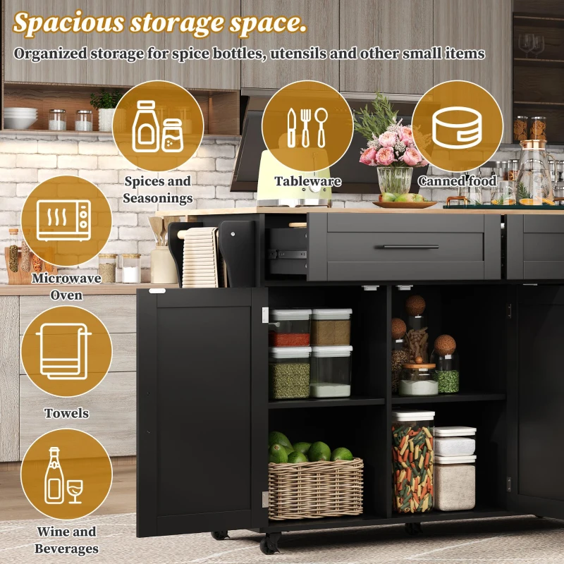 Sleek Kitchen Trolley with 2 Drawers and Cabinets, Mobile Kitchen Island with Foldable Tabletop, 129L x 46W x 91.5H cm, Black+Natural