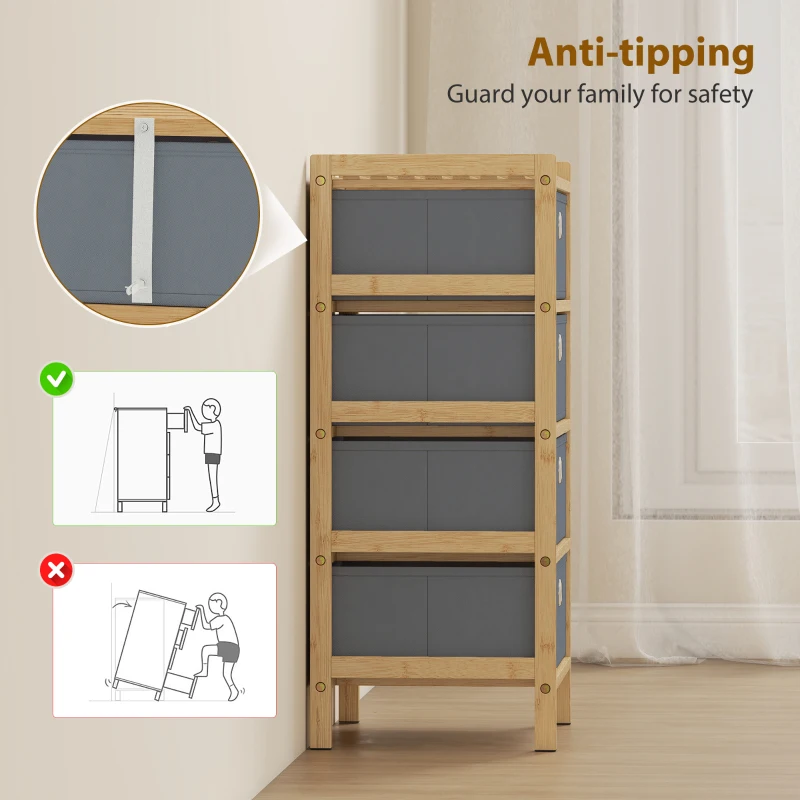 HOMCOM Chest of Drawers, 4 Fabric Drawers Narrow Dresser with Bamboo Frame, Light Grey