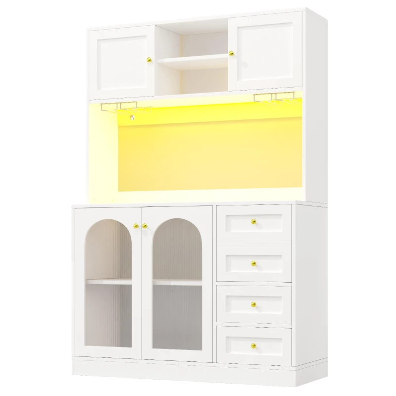 Modern Sideboard with App-Controlled LED, Snack Rack and Drink Holders, Spacious Buffet with Anti-Tip Fixings, 120L x 40W x 188H cm, White