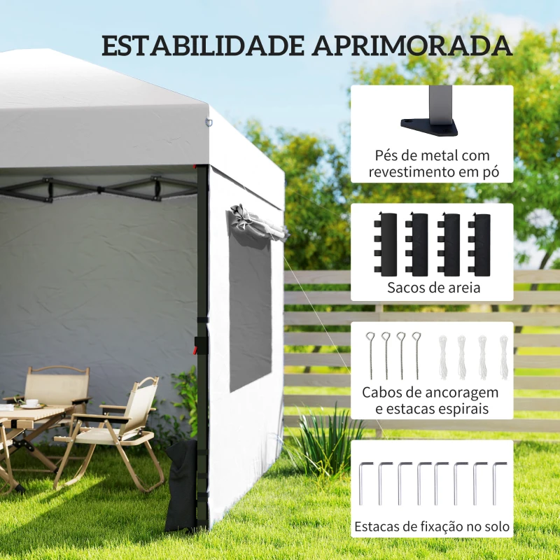 Outsunny Tenda Dobrável 3x3 m Pop-up com 3 Paredes Laterais 2 Janelas em Malha UPF50+ Altura Ajustável 3 Níveis Branco