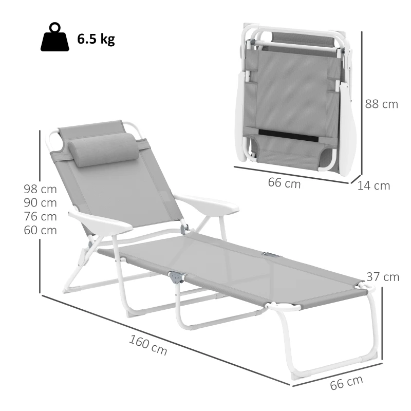 Outsunny Șezlong pliabil pentru grădină cu pernă pentru cap, fotoliu cu spătar reglabil în 4 trepte până la 120 kg, gri deschis