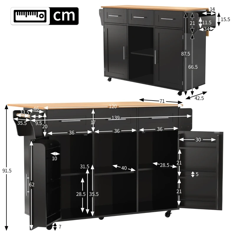 Stylish Kitchen Trolley with Foldable Wood-Grain Countertop, Versatile Buffet with Interchangeable Wheels, 139L x 46W x 91H cm, Black+Natural