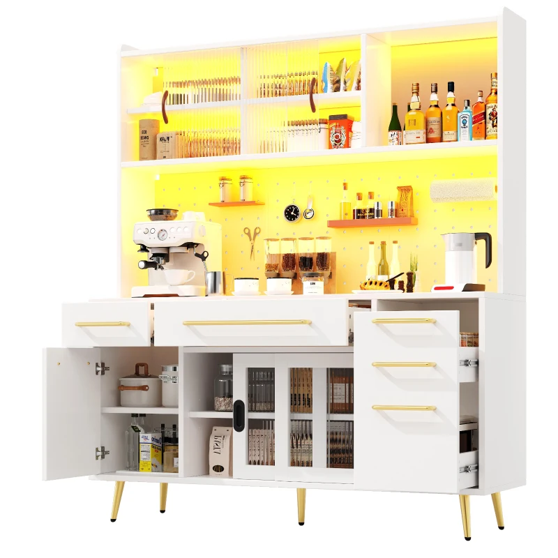 Trendy Sideboard with App-Controlled LED and MDF Pegboard, Tall Storage Cabinet with Sliding Door, 45L x 39W x 171H cm, White