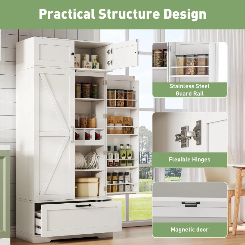 Spacious Kitchen Cabinet with a Drawer, 2 Adjustable Shelves, Multifunctional Pantry for Dining and Living Areas, 80L x 40W x 180H cm, White