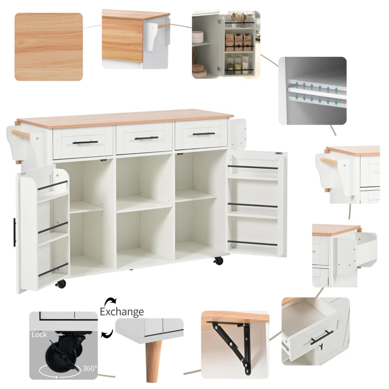 Stylish Kitchen Trolley with Foldable Wood-Grain Countertop, Versatile Buffet with Interchangeable Wheels, 139L x 46W x 91H cm, White