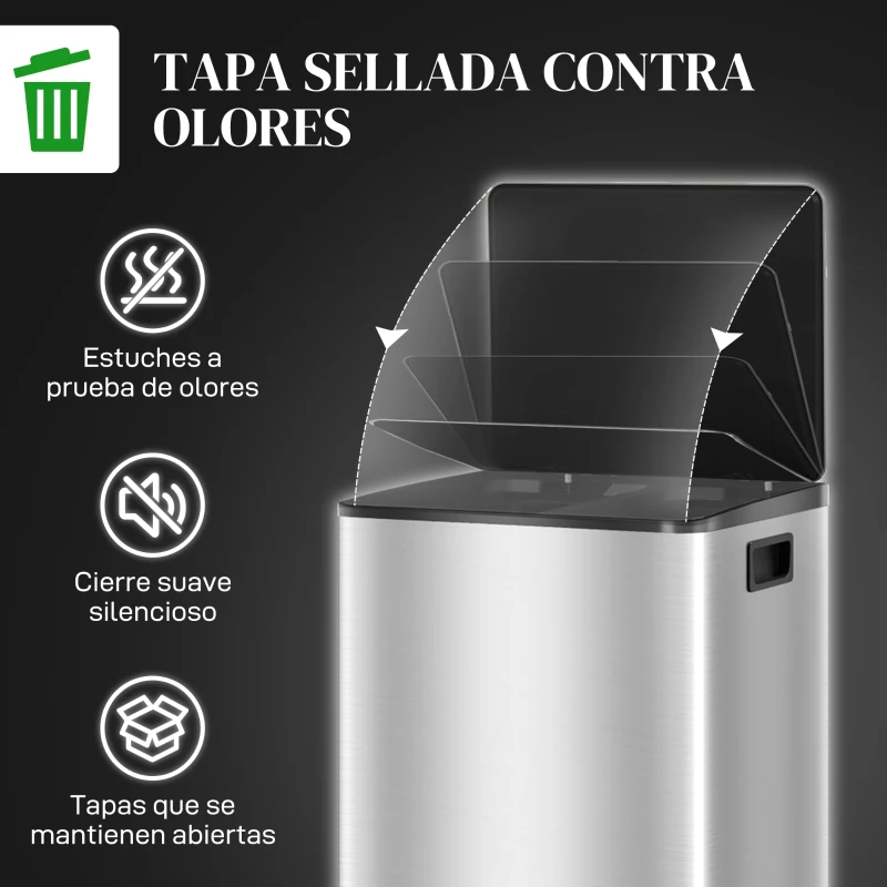 HOMCOM Cubo de Basura de Cocina con 2 Compartimentos 2x30L con Pedal Tapa de Cierre Suave y Cubo Extraíble Plata