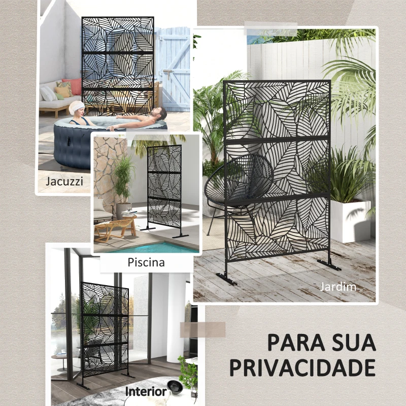 Outsunny Biombo de 3 Painéis 122x198 cm Biombo Separador de Ambientes com Suporte Design de Folhas Grandes Preto