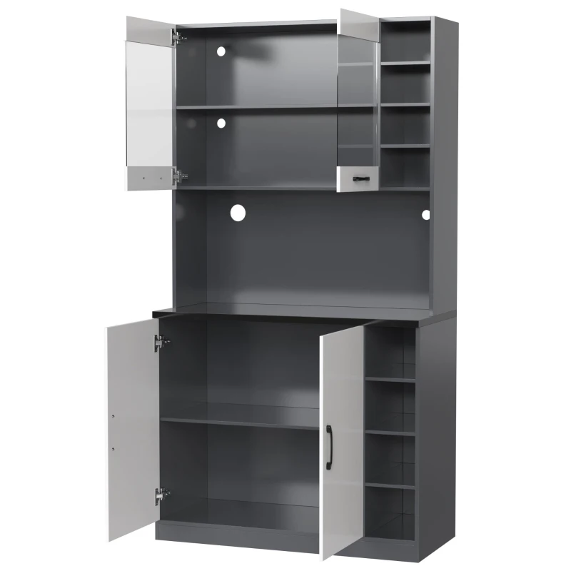 Tall Kitchen Cupboard with LED Lighting and Generous Storage, Freestanding Pantry with Microwave Shelf, 100L x 47W x 187H cm, White+gray