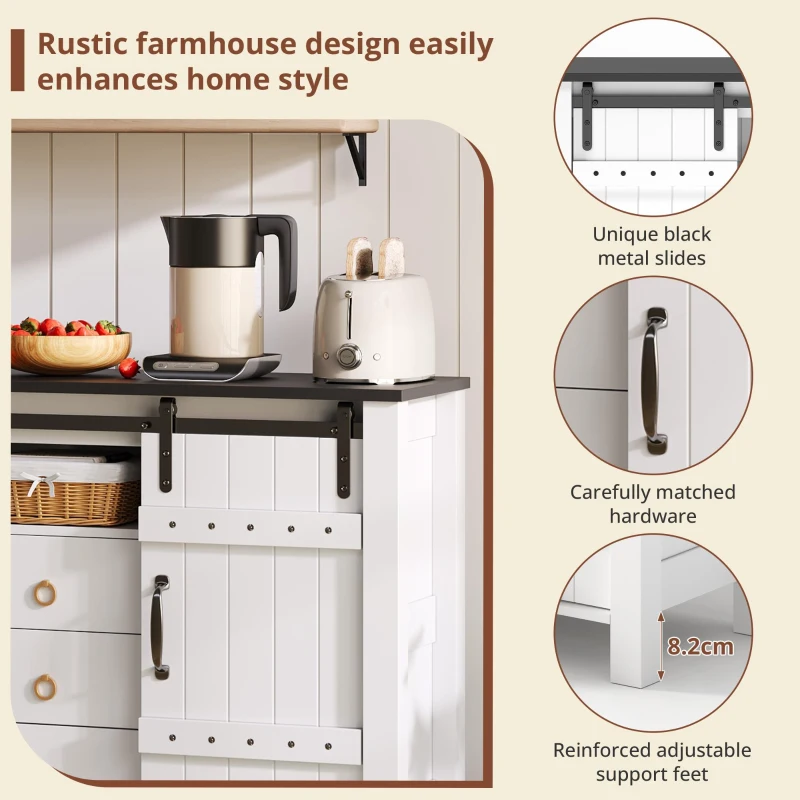 Versatile Sideboard with 3 Drawers and Quiet Sliding Doors, Rustic Buffet Cabinet for Kitchen, Dining Areas, 120L x 40W x 80H cm, White