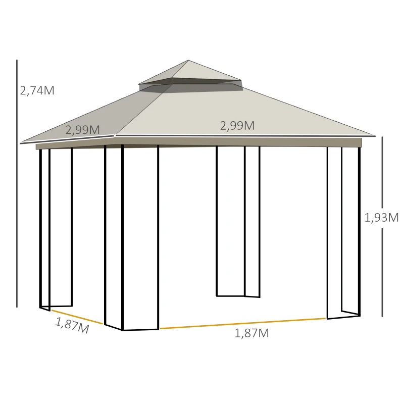Outsunny Pavilion de grădină cu acoperiș dublu, cort pentru petreceri, cu 4 x pereți laterali, Metal+Poliester, Bej, 2,99 x 2,99 x 2,74 m