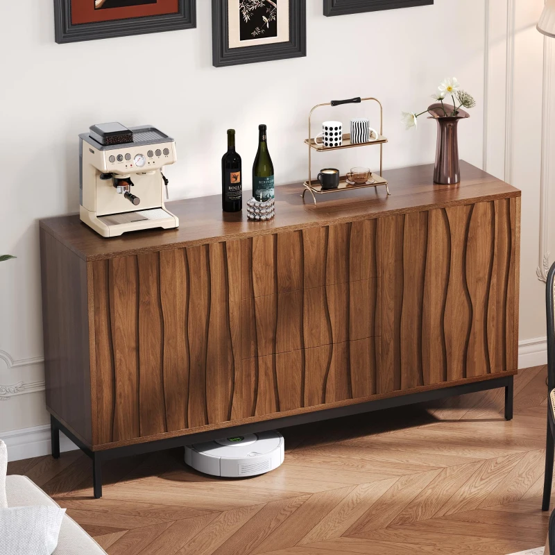 Mid-Century Modern Sideboard with Oak-Grain Slotted Design, Versatile Buffet with Adjustable Shelves, 150L x 40W x 80H cm, Natural