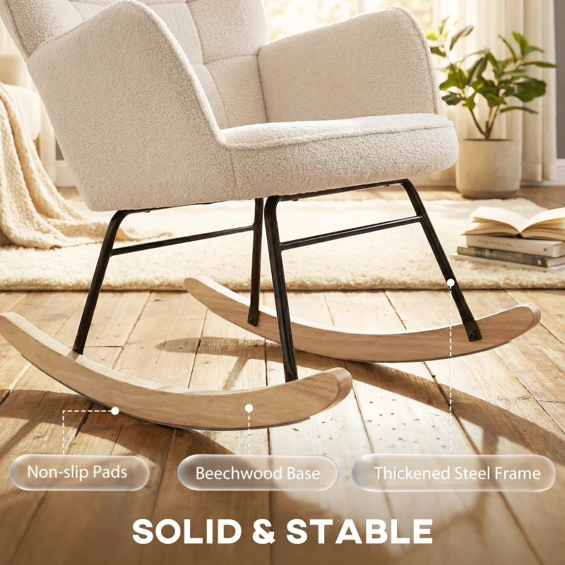 HOMCOM Schaukelstuhl im Retro-Design, Massivholz, Sessel, Relaxsessel, 98 cm x  71 cm x 101 cm, Beige(m-8)