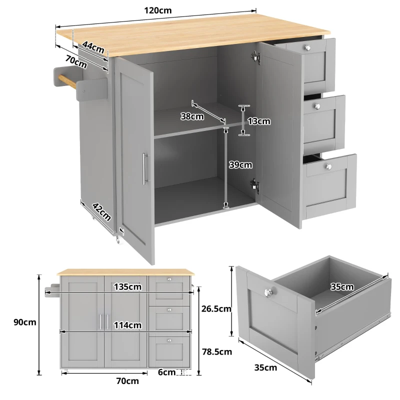 Versatile Kitchen Island with 3 Drawers and 2-Door Cabinet, Space-Saving Rolling Trolley with Foldable Worktop, 135L x 70W x 90H cm, Grey