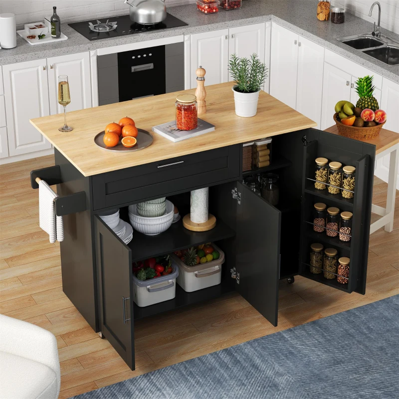 Versatile Kitchen Island with Foldable Worktop and Shelves, Multifunctional Cabinet for Dining Areas, 132.5L x 44W x 90H cm, Black+Natural