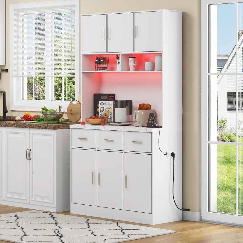 Stylish Tall Pantry Cabinet with App-Controlled LED, Spacious Larder Unit with Water-Resistant Worktop, 100L x 40W x 180H cm, White