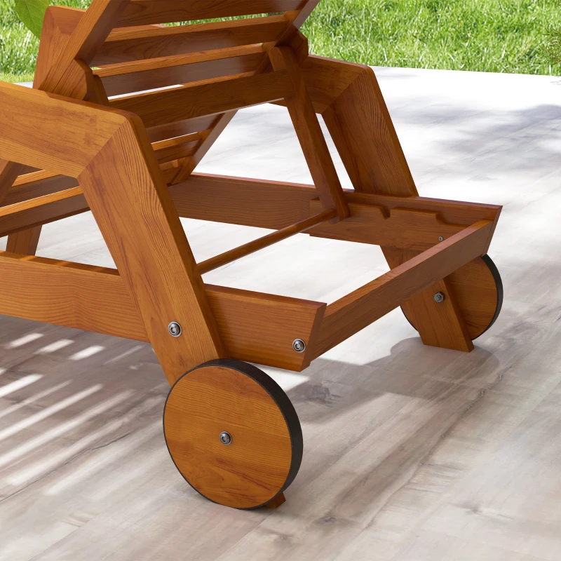 Outsunny Șezlong din lemn cu lamele cu spătar reglabil în 3 poziții cotiere 2 roți 66 x 190 x 73,5 cm