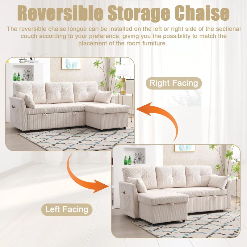 L-Shaped Convertible Sectional Sleeper Sofa with Pull Out Bed, 3-In-1 Convertible Sofa with High Storage Chaise, 206L x 130W x 88H cm, Beige