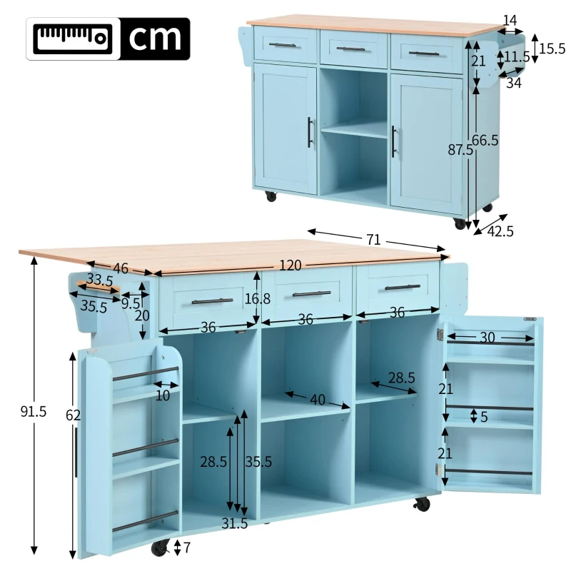 Stylish Kitchen Trolley with Foldable Wood-Grain Countertop, Versatile Buffet with Interchangeable Wheels, 139L x 46W x 91H cm, Blue