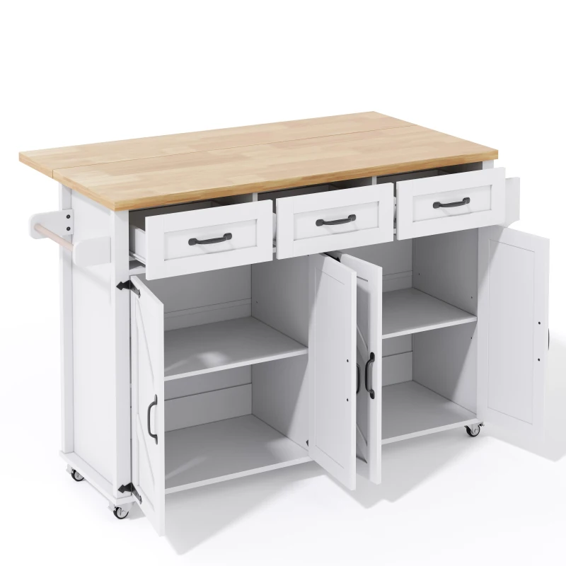 Mobile Kitchen Island with 5 Lockable Castors and Central Wheel, Practical Cart with Foldable Tabletop, 140L x 70W x 90.5H cm, White+Natural
