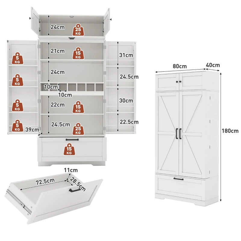 Spacious Kitchen Cabinet with a Drawer, 2 Adjustable Shelves, Multifunctional Pantry for Dining and Living Areas, 80L x 40W x 180H cm, White