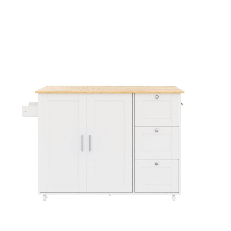 Versatile Kitchen Island with 3 Drawers and 2-Door Cabinet, Space-Saving Rolling Trolley with Foldable Worktop, 135L x 70W x 90H cm, White