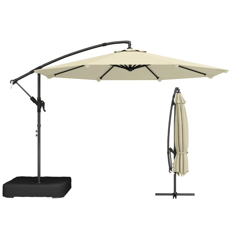 Outsunny 3 m Garden Cantilever Parasol with Cross Base, Sandbag, 360° Rotating Overhanging Banana Umbrella, Beige