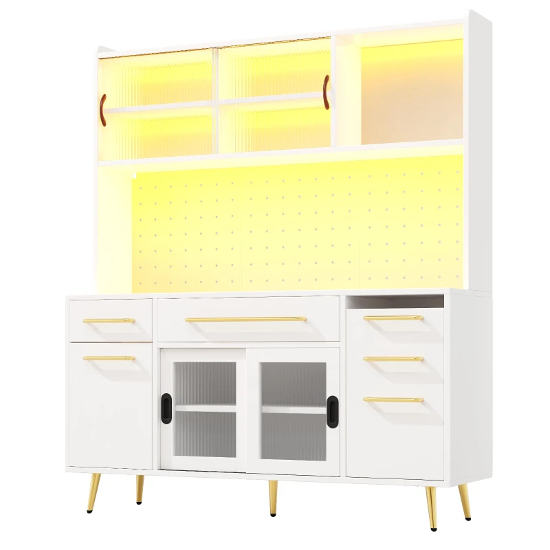 Trendy Sideboard with App-Controlled LED and MDF Pegboard, Tall Storage Cabinet with Sliding Door, 45L x 39W x 171H cm, White