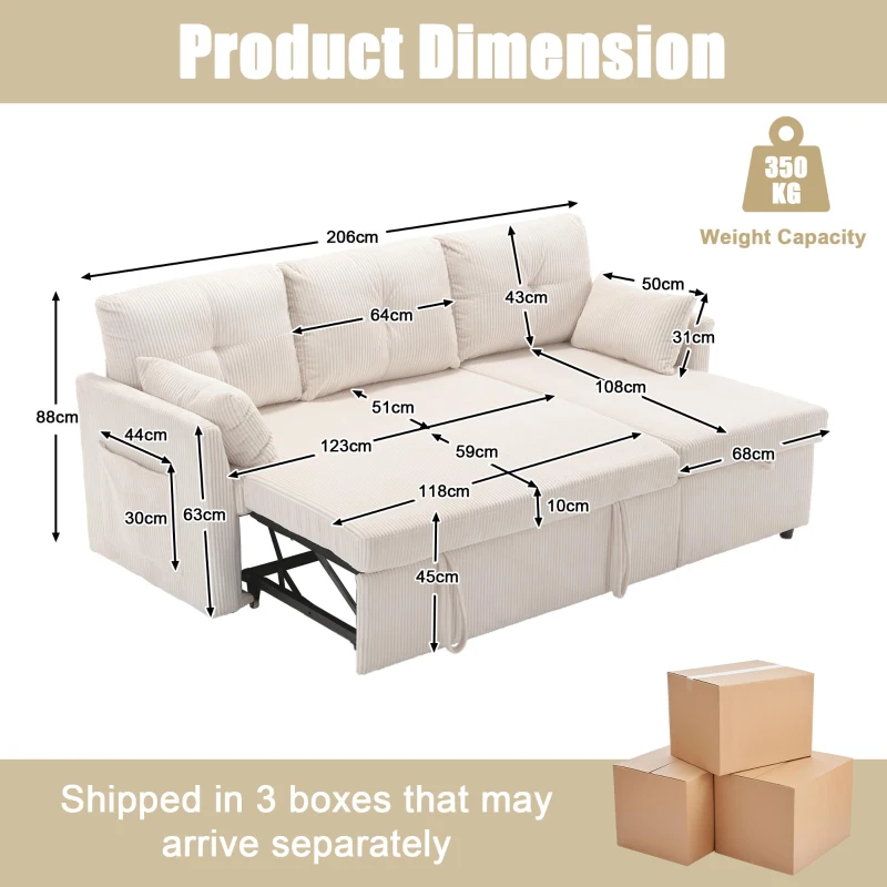 L-Shaped Convertible Sectional Sleeper Sofa with Pull Out Bed, 3-In-1 Convertible Sofa with High Storage Chaise, 206L x 130W x 88H cm, Beige