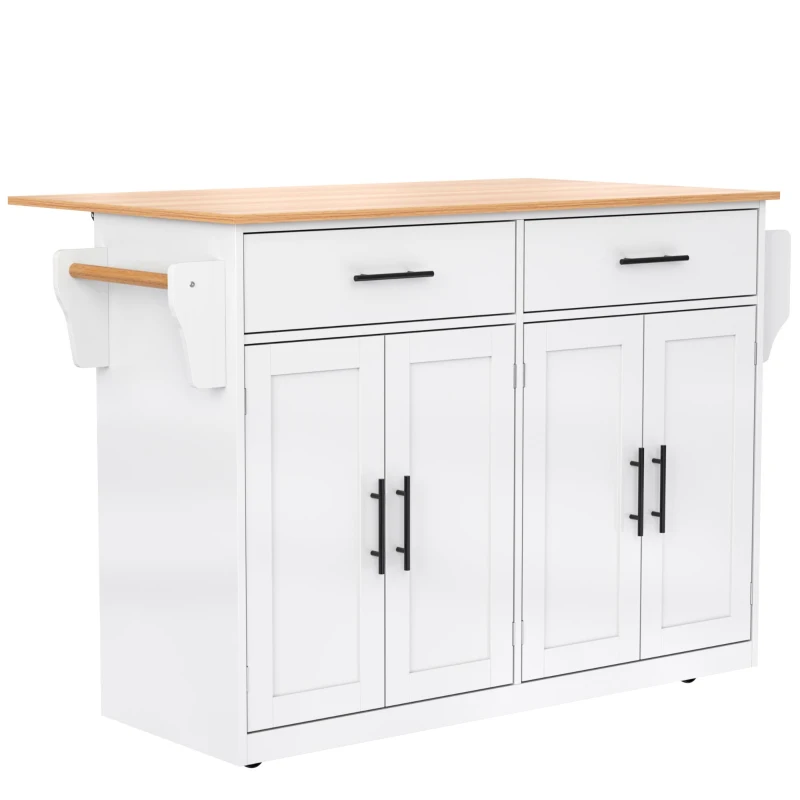 Contemporary Kitchen Storage Trolley with Foldable Dropleaf, Spacious Buffet with Towel Holders, 120L x 71W x 91.5H cm, White+Natural